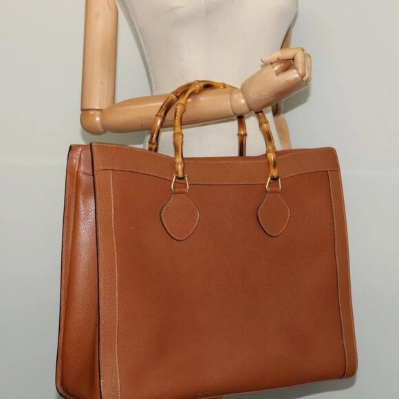GUCCI Bamboo Hand Bag Leather 2way Brown Gold - Picture 1 of 16